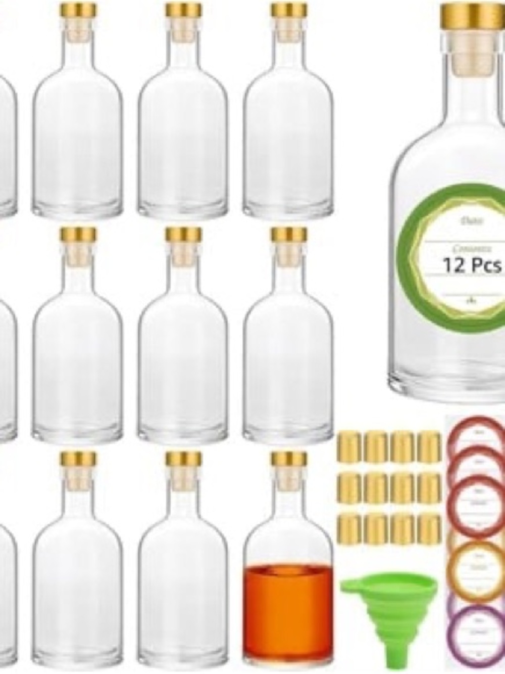 12 Pack Clear Glass Bottles with Gold Caps - Set